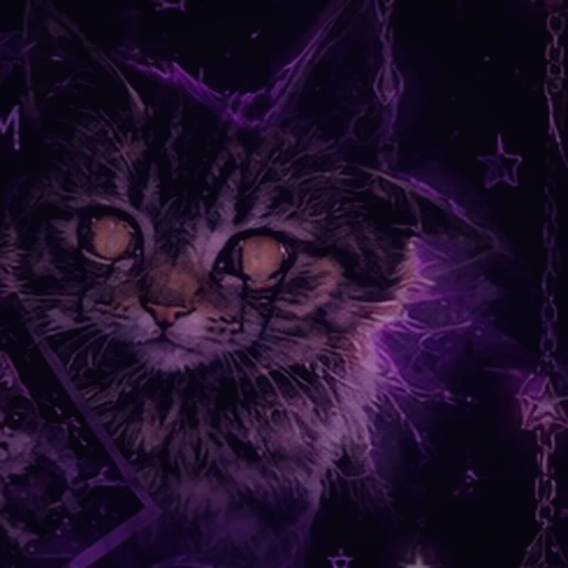 Stylized dark-purple tabby cat portrait representing Cheeto